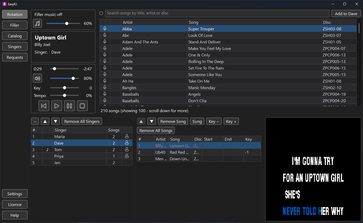 EasyKJ's Rotation screen: the player with a song playing, the song search, the singers in the rotation with their songs, and the lyrics preview